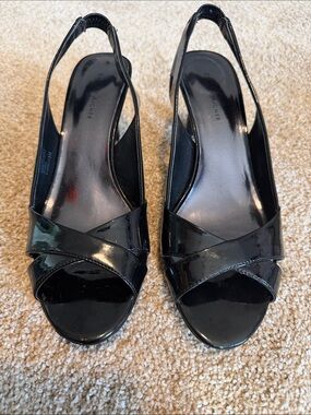 Etienne Aigner Black Patent Leather Peep-Toe Slingback Sandals